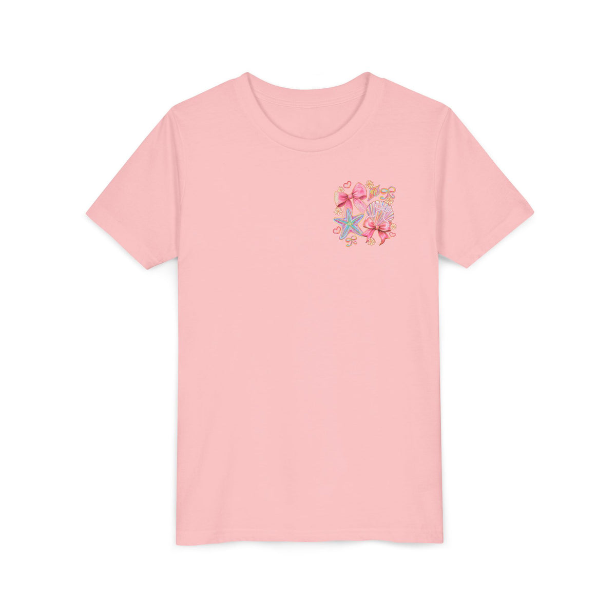 Kids Tee — Pink Seashell & Starfish Bow Graphic Shirt - Front and Back