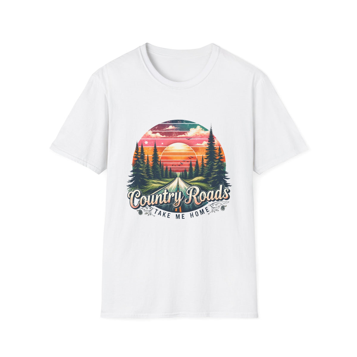 Country Roads Sunset T-Shirt — 'Country Roads Take Me Home' Retro Nature Tee