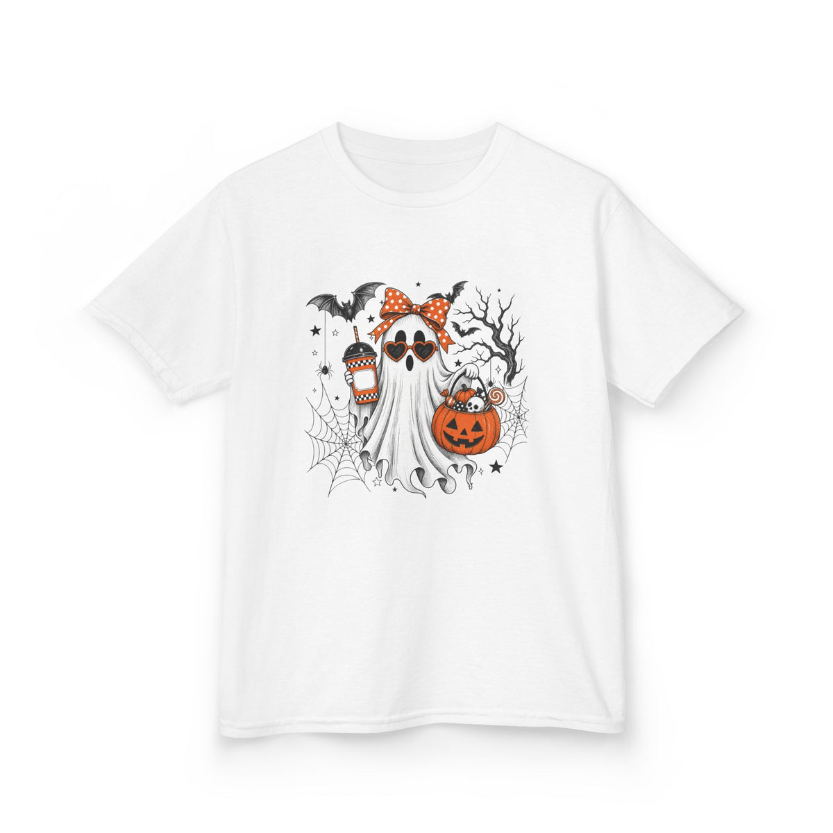 Kids Halloween Ghost Tee – Cute Pumpkin, Bat & Spiderweb Trick-or-Treat Design