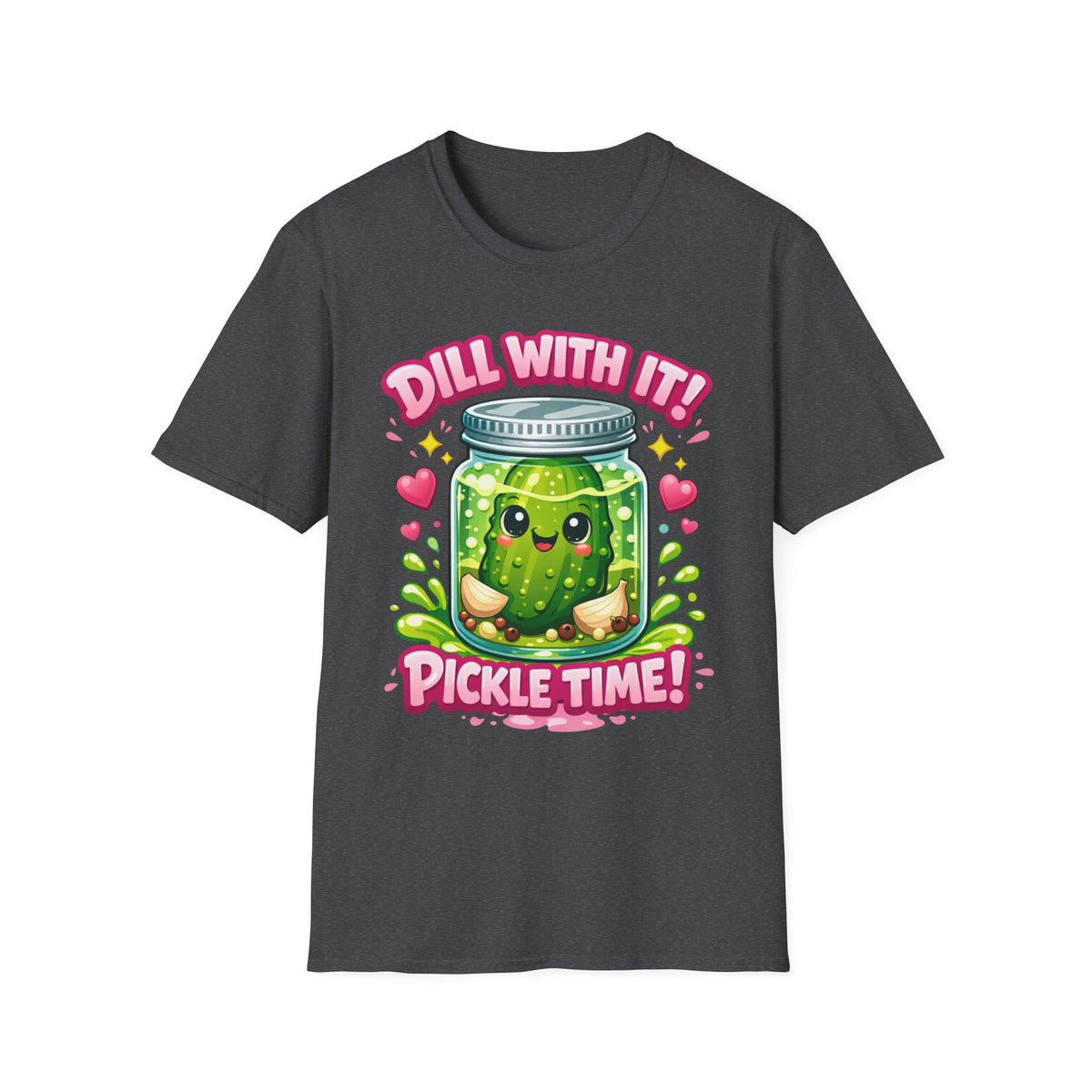 T-Shirt — Cute Kawaii Pickle Jar Design "Dill With It! Pickle Time!" | Funny Foodie Tee