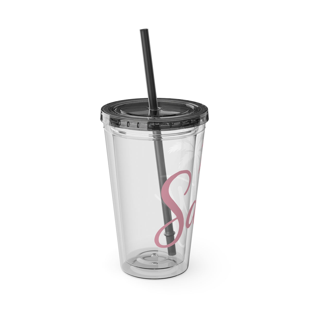 16oz Salty Palm Tumbler with Straw – Clear Beach-Inspired Reusable Cup