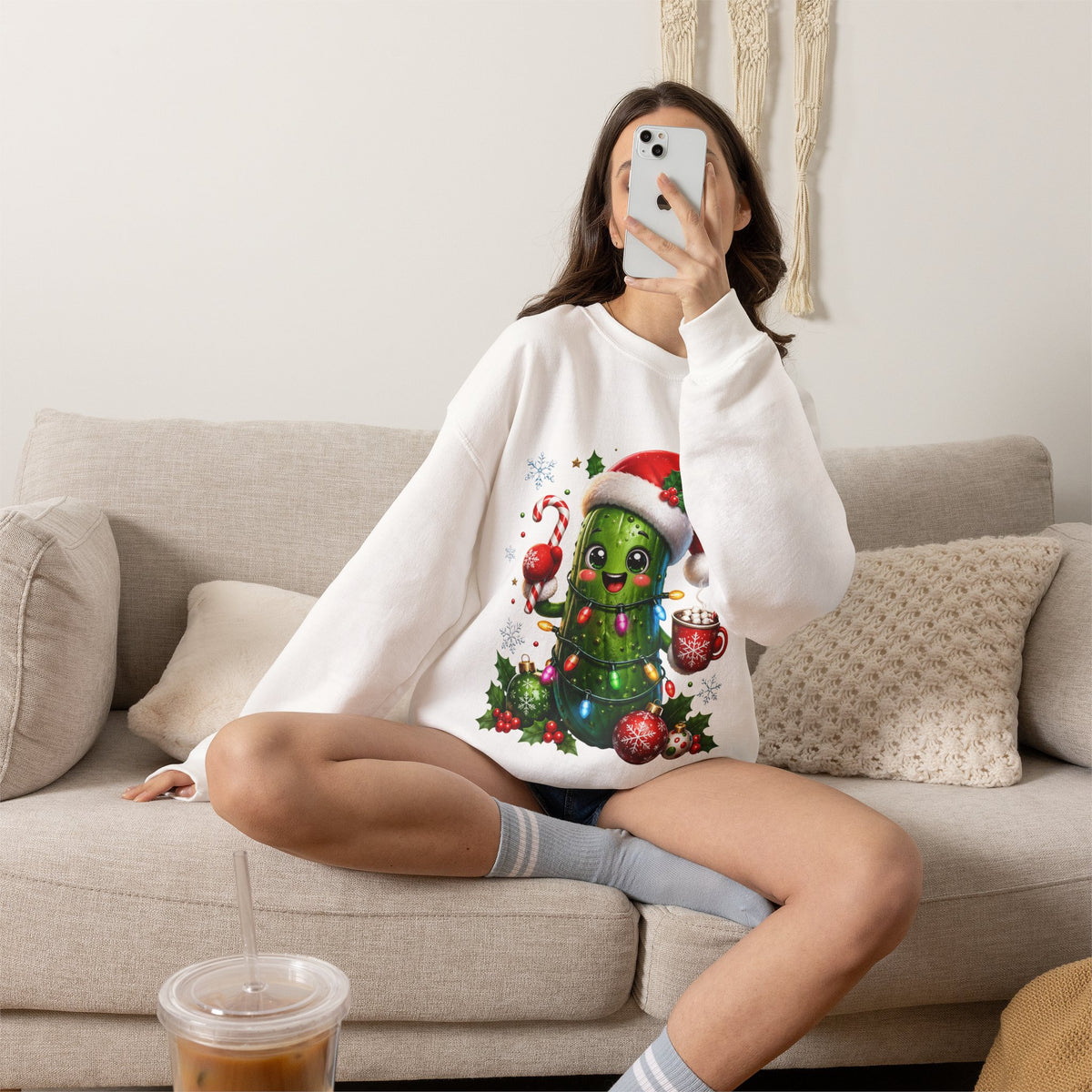 Christmas Pickle Sweatshirt – Cute Santa Hat Pickle with Candy Cane & Hot Cocoa