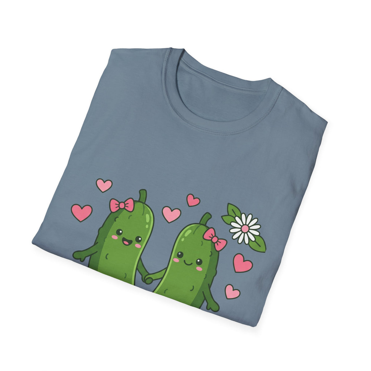 Cute Pickle Couple T-Shirt — Kawaii Matching Pickles with Hearts & Flowers