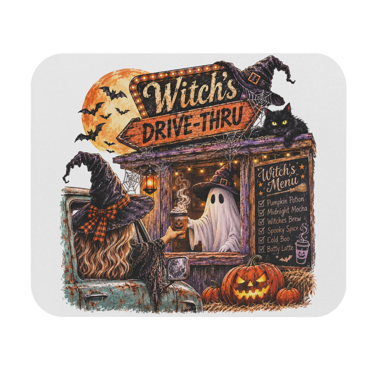 Witch's Drive-Thru Halloween Mouse Pad — Cute Spooky Ghost & Pumpkin Desk Mat