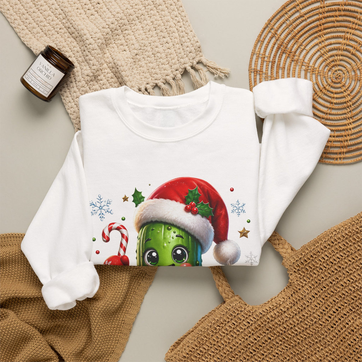 MD - Christmas Pickle Sweatshirt – Cute Holiday Pickle in Santa Hat with Candy Cane & Hot Cocoa