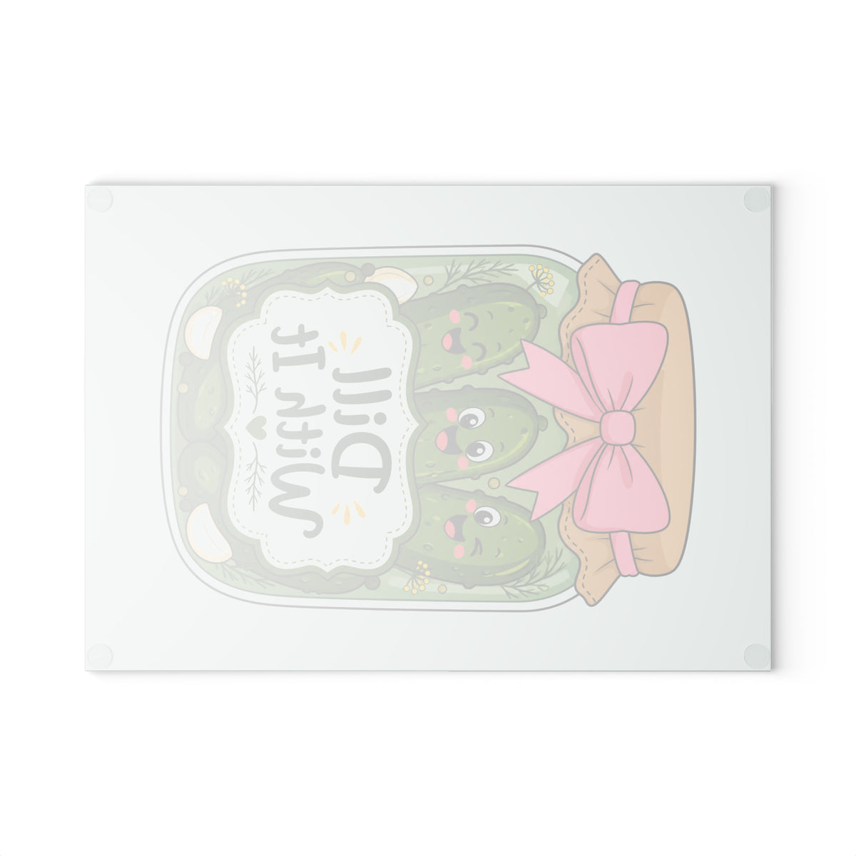 Glass Cutting Board — Cute Pickle Jar Design "Dill With It" (Kitchen Décor, Funny Gift)