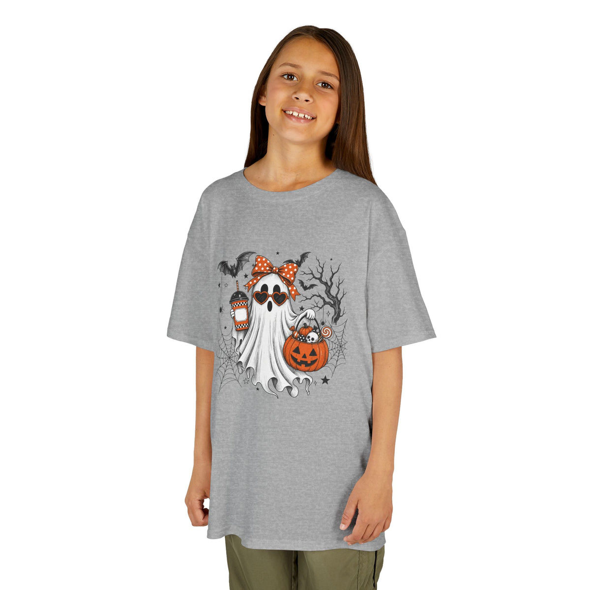 Kids Halloween Ghost Tee – Cute Pumpkin, Bat & Spiderweb Trick-or-Treat Design