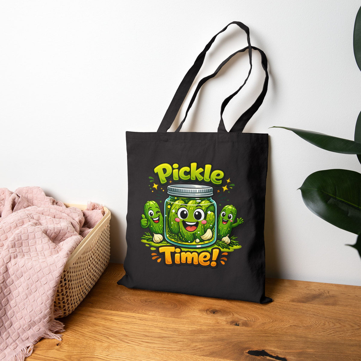 Tote Bag — Cute 'Pickle Time!' Cartoon Jar Canvas Tote (Funny Food Lover Gift)