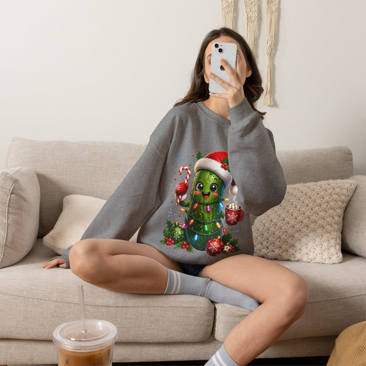Christmas Pickle Sweatshirt – Cute Santa Hat Pickle with Candy Cane & Hot Cocoa
