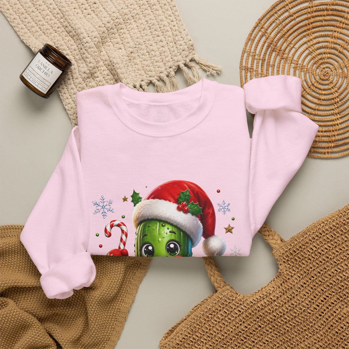 Christmas Pickle Sweatshirt – Cute Santa Hat Pickle with Candy Cane & Hot Cocoa
