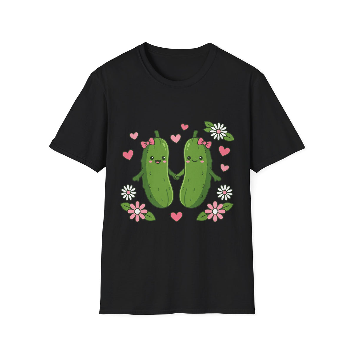 Cute Pickle Couple T-Shirt — Kawaii Matching Pickles with Hearts & Flowers