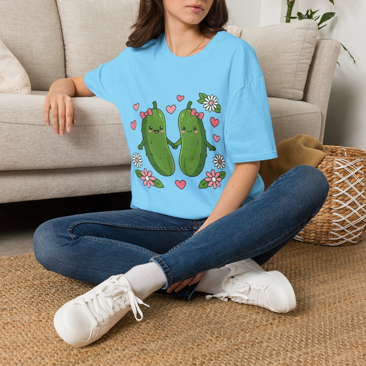 Cute Pickle Couple T-Shirt — Kawaii Matching Pickles with Hearts & Flowers