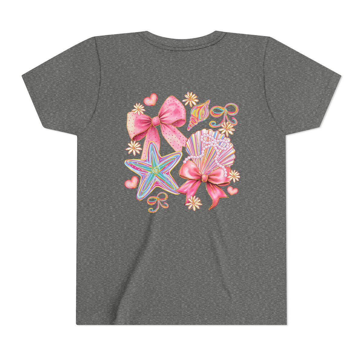 Kids Tee — Pink Seashell & Starfish Bow Graphic Shirt - Front and Back