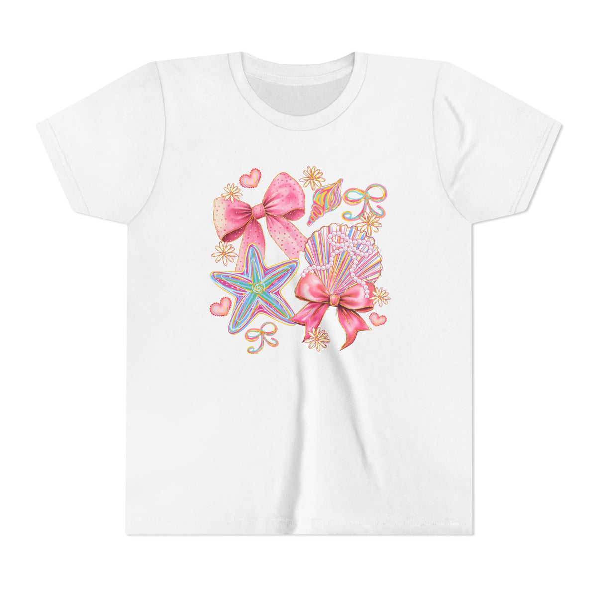 Kids Tee — Pink Seashells & Bows Beach Graphic