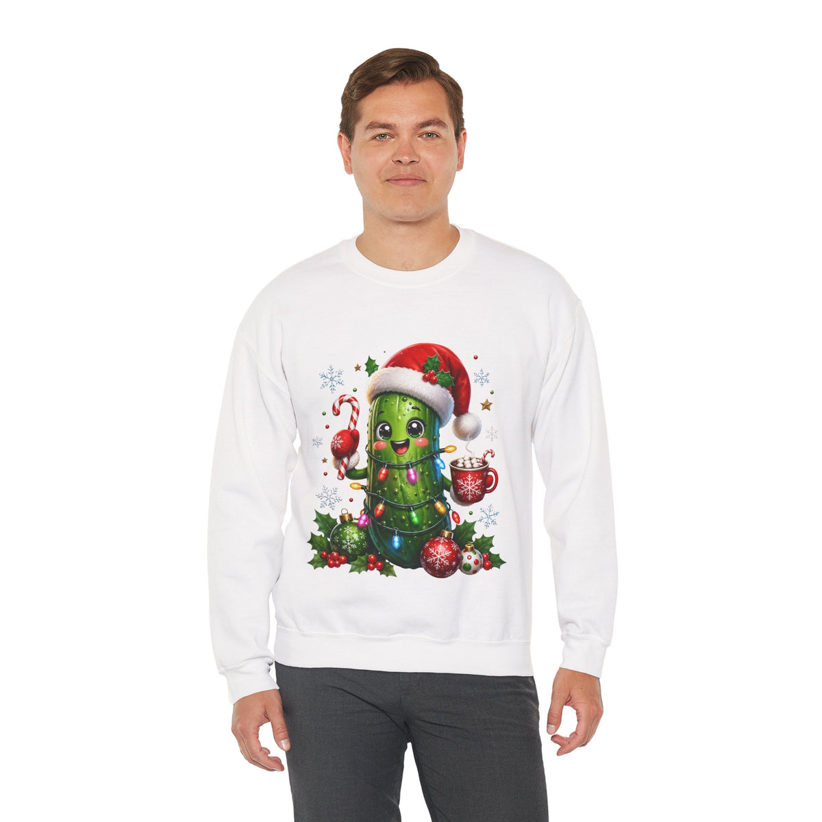 Christmas Pickle Sweatshirt – Cute Santa Hat Pickle with Candy Cane & Hot Cocoa