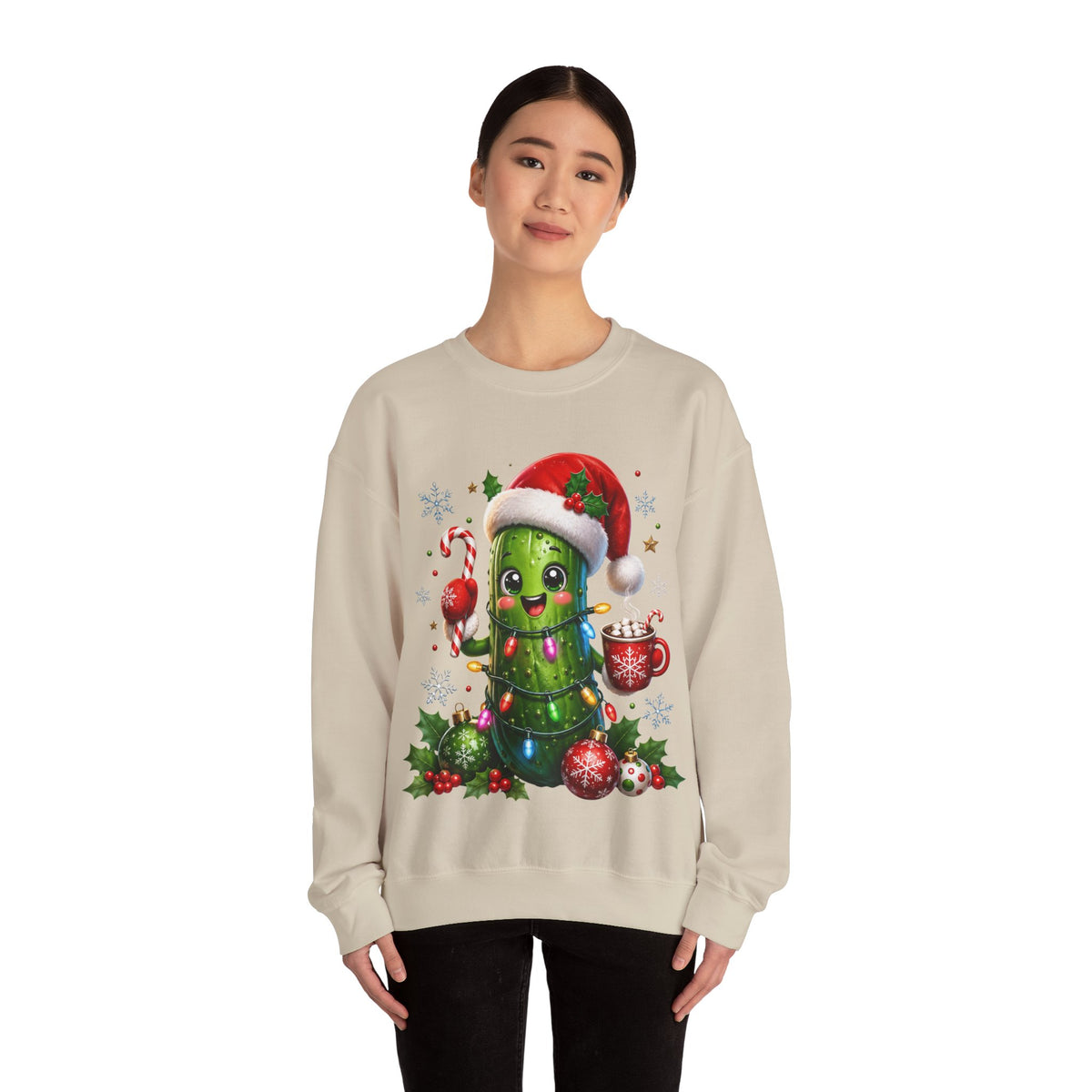 MD - Christmas Pickle Sweatshirt – Cute Holiday Pickle in Santa Hat with Candy Cane & Hot Cocoa