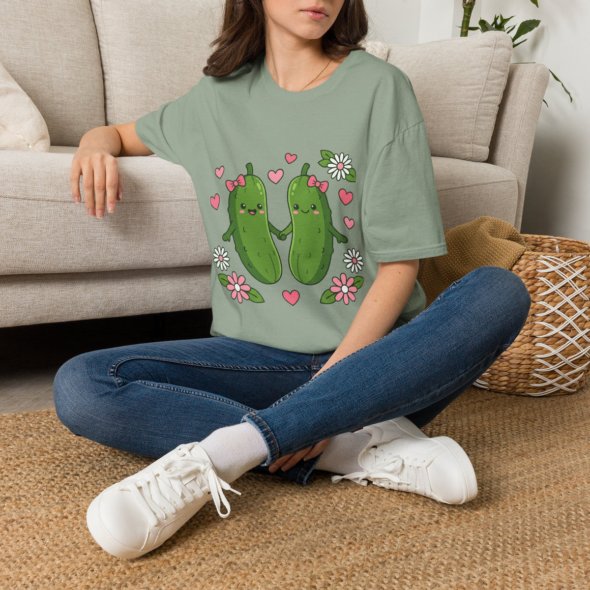 Cute Pickle Couple T-Shirt — Kawaii Matching Pickles with Hearts & Flowers