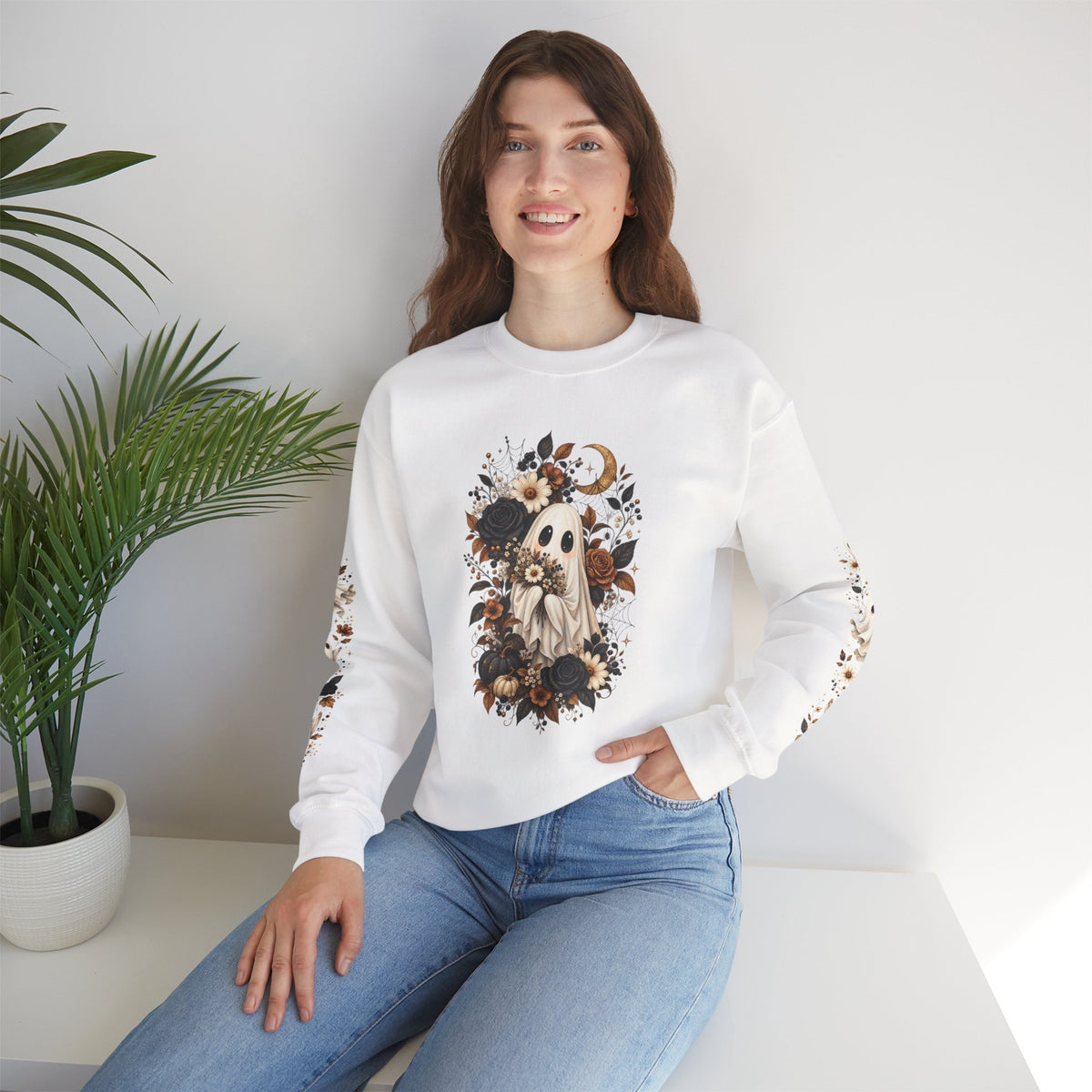 Ghost & Sunflower Crewneck Sweatshirt — Spooky Autumn Floral Pullover