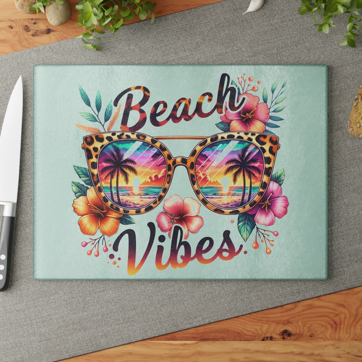 Glass Cutting Board – "Beach Vibes" Tropical Sunglasses Design