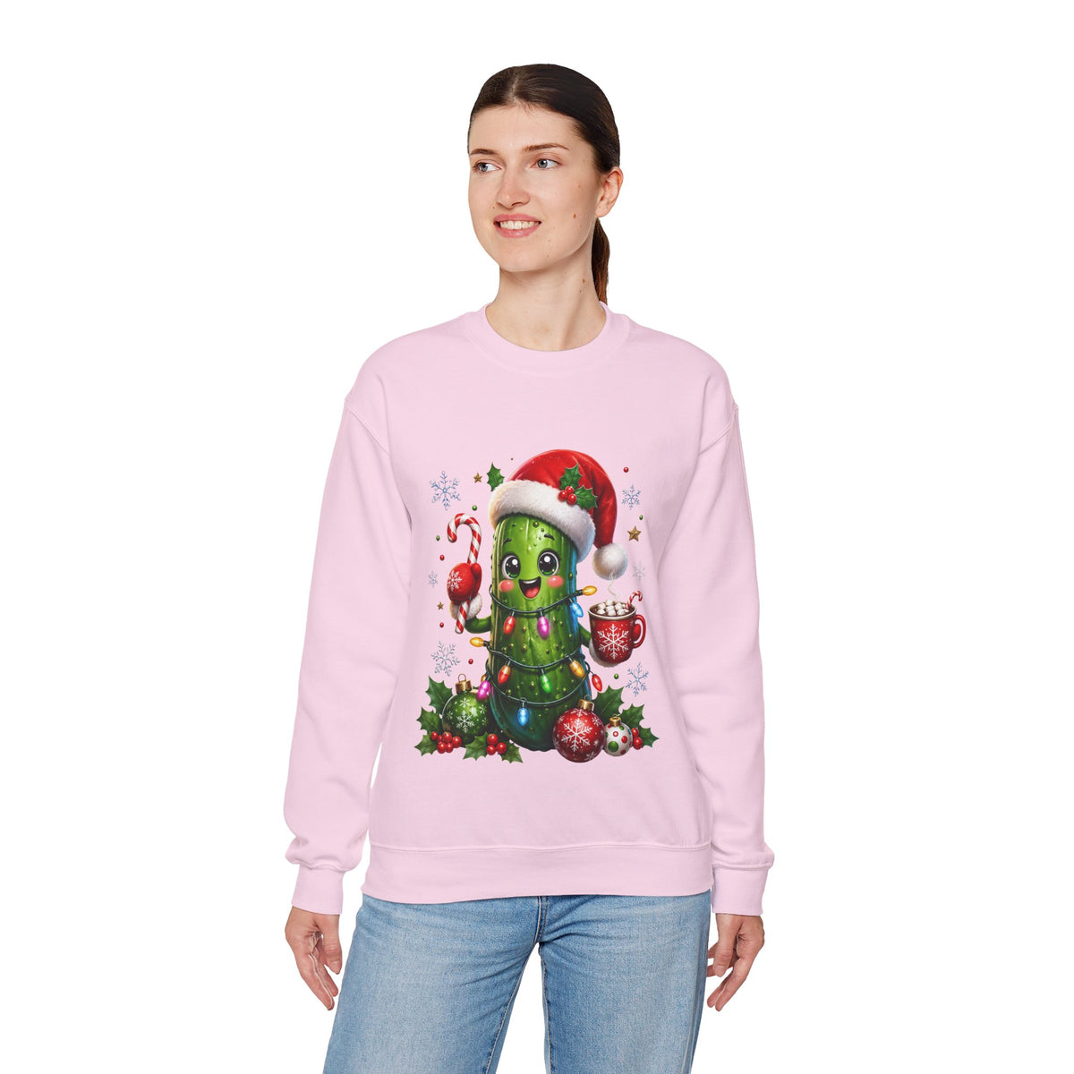 Christmas Pickle Sweatshirt – Cute Santa Hat Pickle with Candy Cane & Hot Cocoa