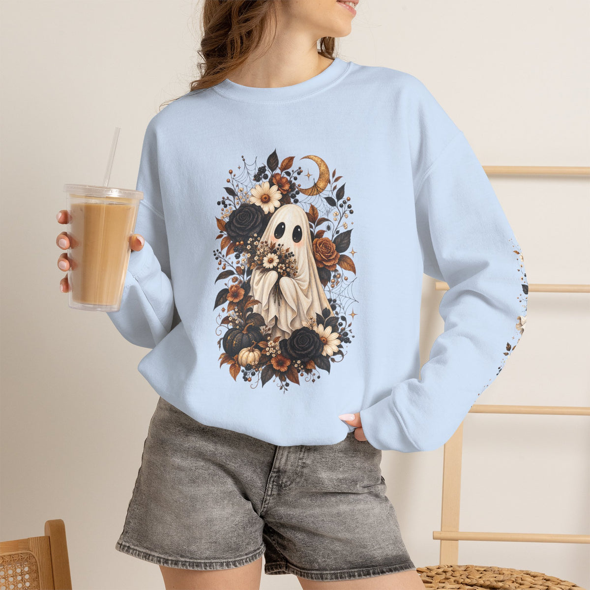 Ghost & Sunflower Crewneck Sweatshirt — Spooky Autumn Floral Pullover