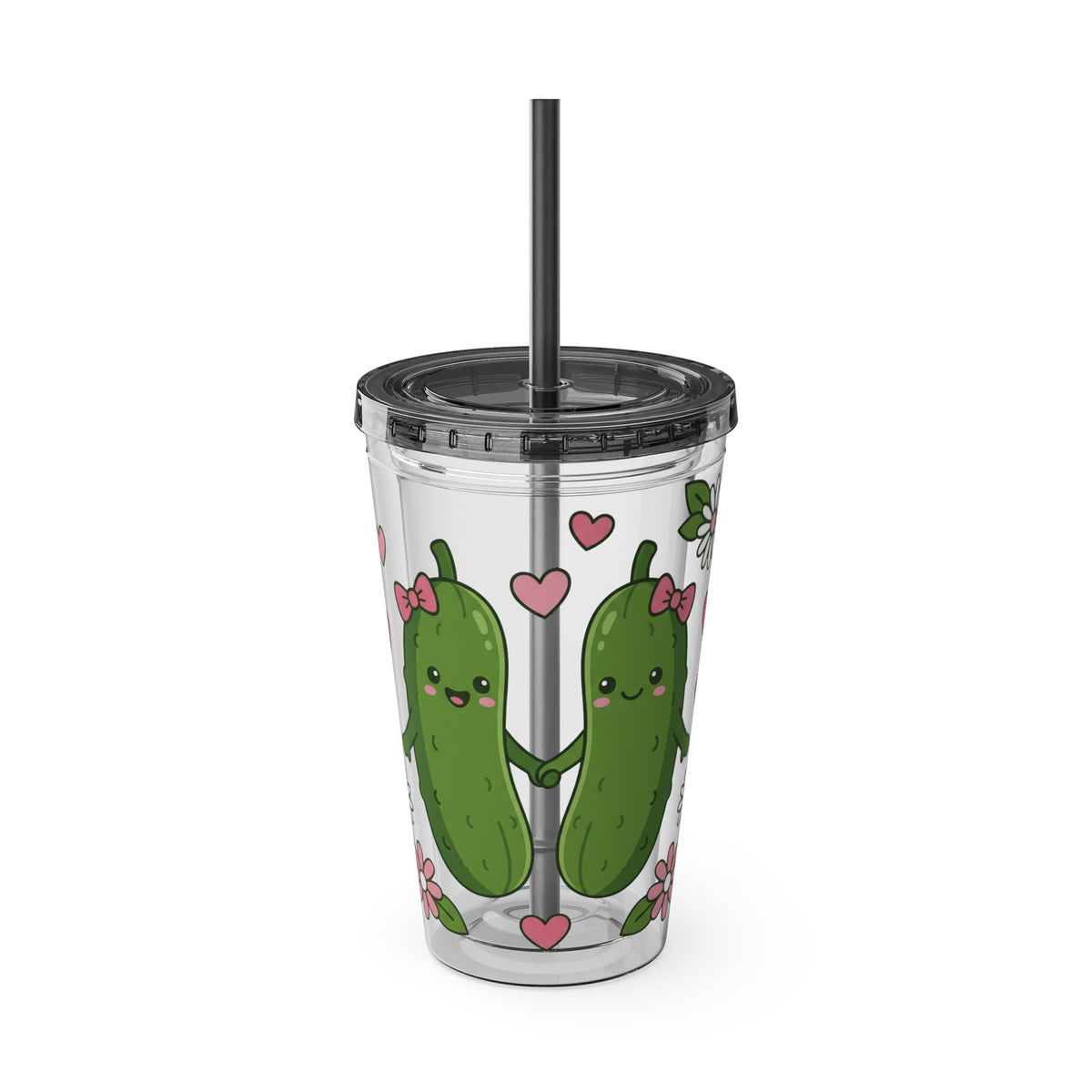 Front Design - Cute Pickle Couple Tumbler — 16oz Acrylic Cup with Straw, Kawaii Hearts & Flowers