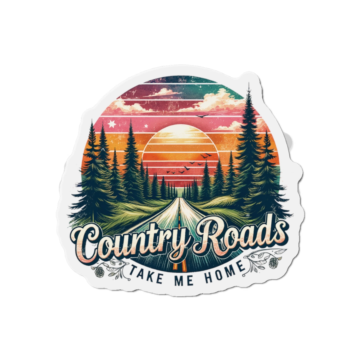 Country Roads Die-Cut Magnet — Vintage Sunset Forest Travel Sticker
