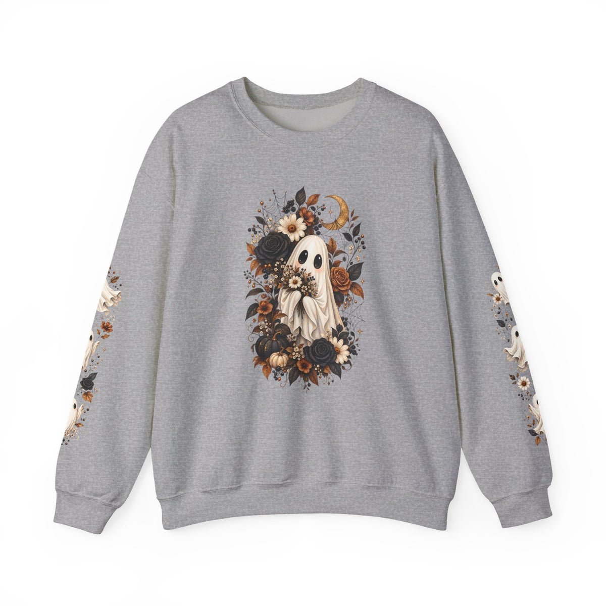 Ghost & Sunflower Crewneck Sweatshirt — Spooky Autumn Floral Pullover