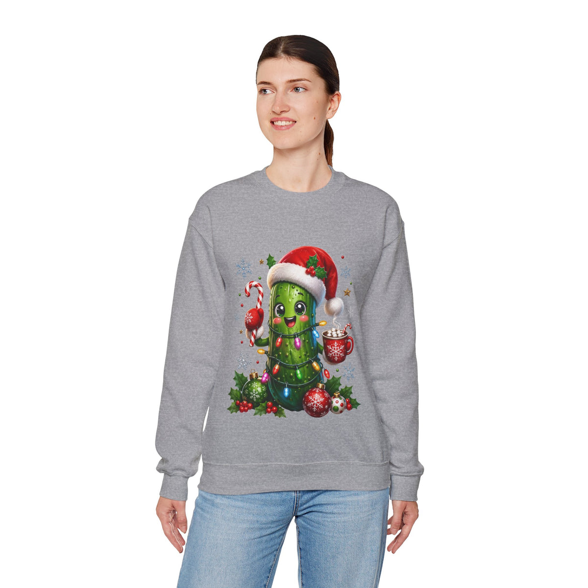 Christmas Pickle Sweatshirt – Cute Santa Hat Pickle with Candy Cane & Hot Cocoa