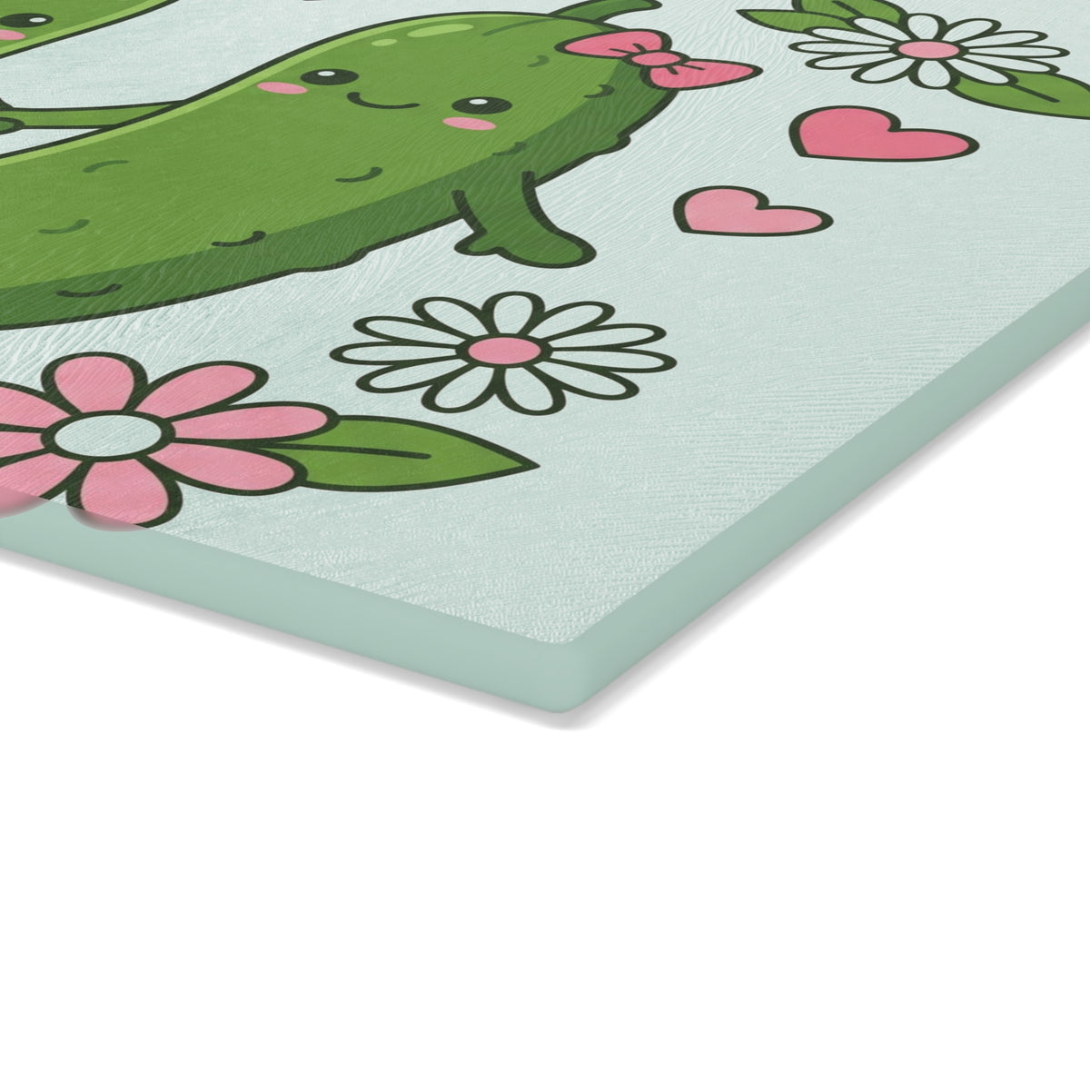 Cute Pickle Couple Glass Cutting Board – Kawaii Pickles with Hearts & Flowers