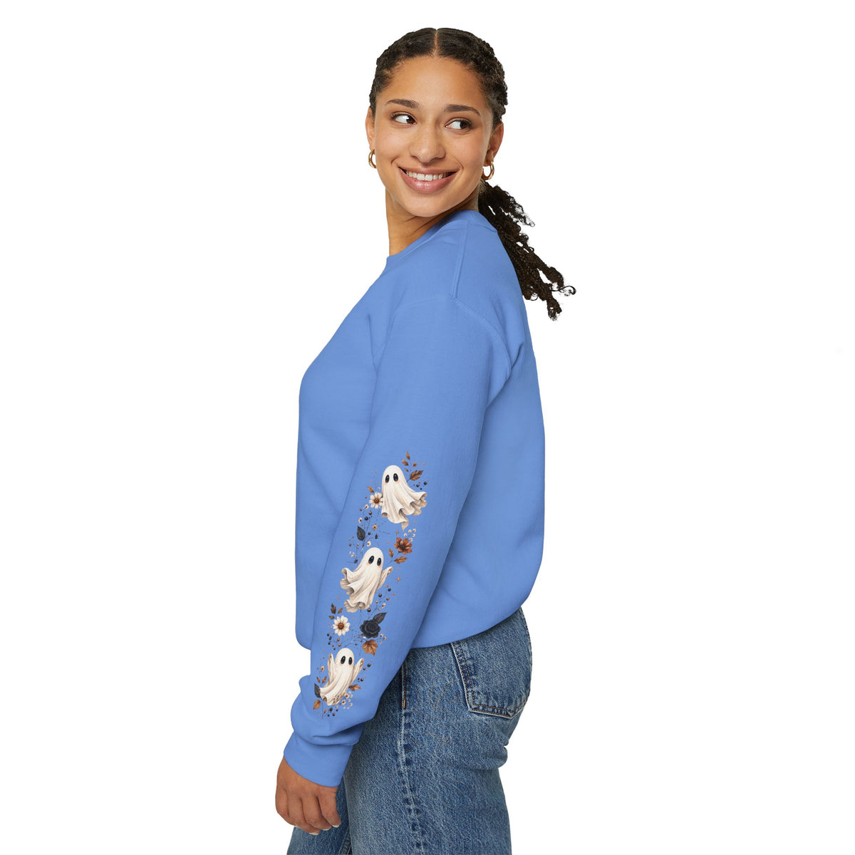 Ghost & Sunflower Crewneck Sweatshirt — Spooky Autumn Floral Pullover