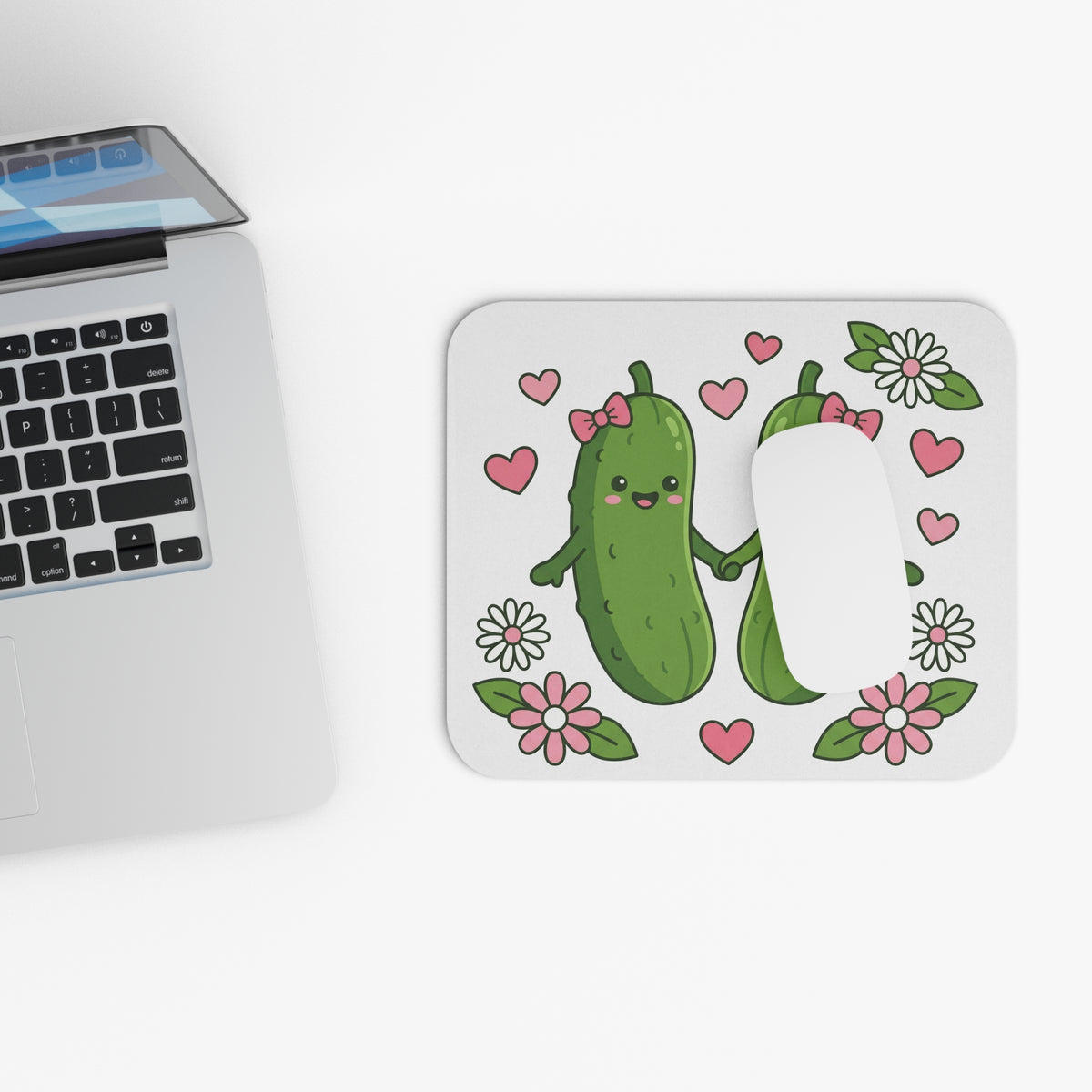 Cute Pickle Couple Mouse Pad — Kawaii Pickles with Hearts & Flowers
