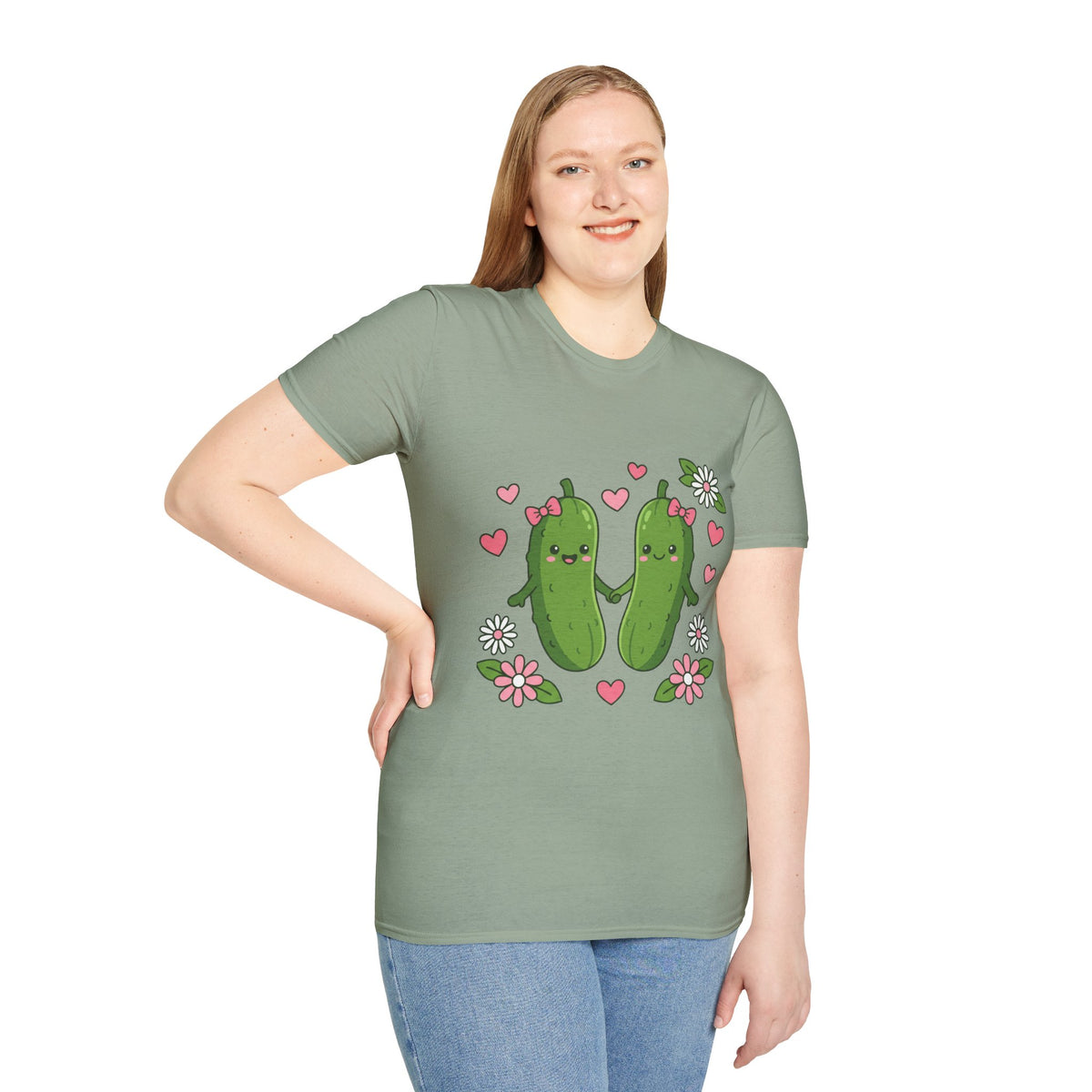 Cute Pickle Couple T-Shirt — Kawaii Matching Pickles with Hearts & Flowers