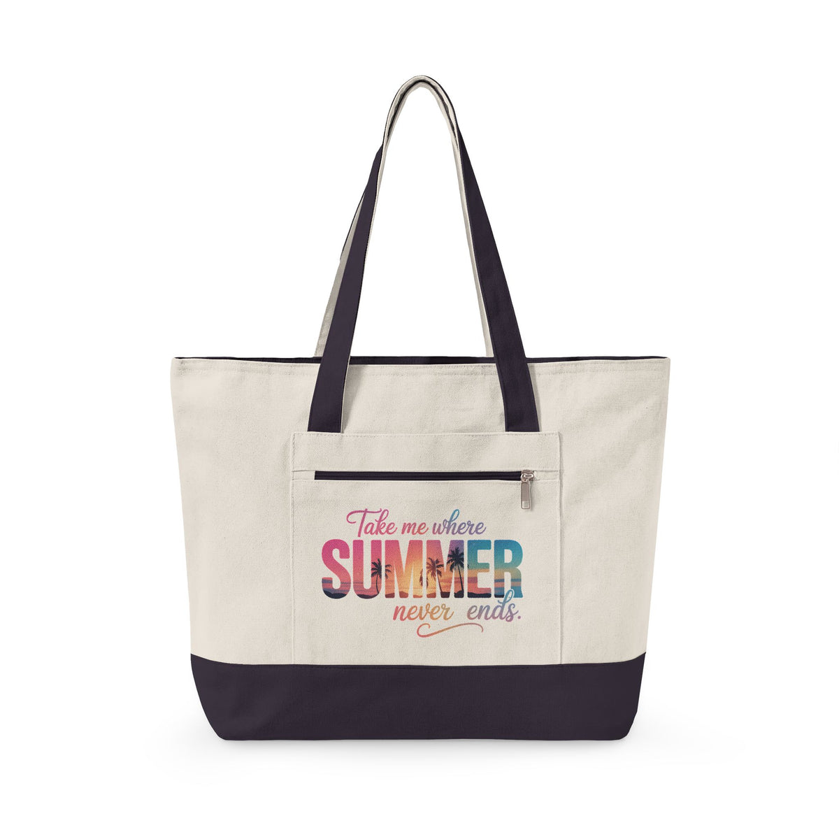 Canvas Tote Bag — "Take Me Where Summer Never Ends" Colorful Beach Tote