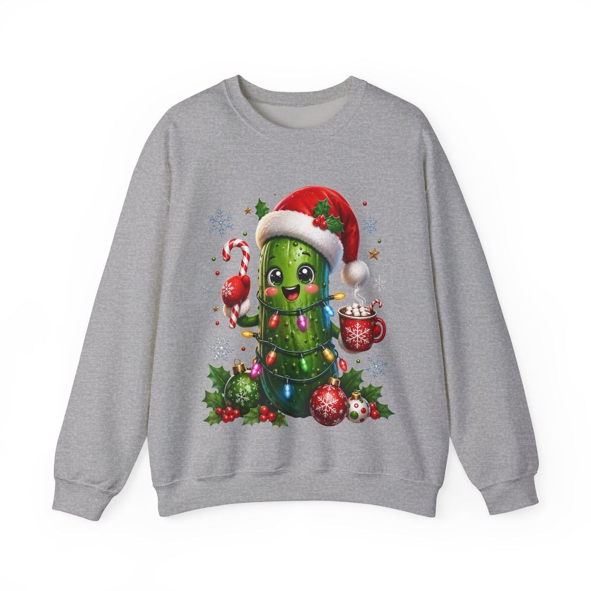 MD - Christmas Pickle Sweatshirt – Cute Holiday Pickle in Santa Hat with Candy Cane & Hot Cocoa