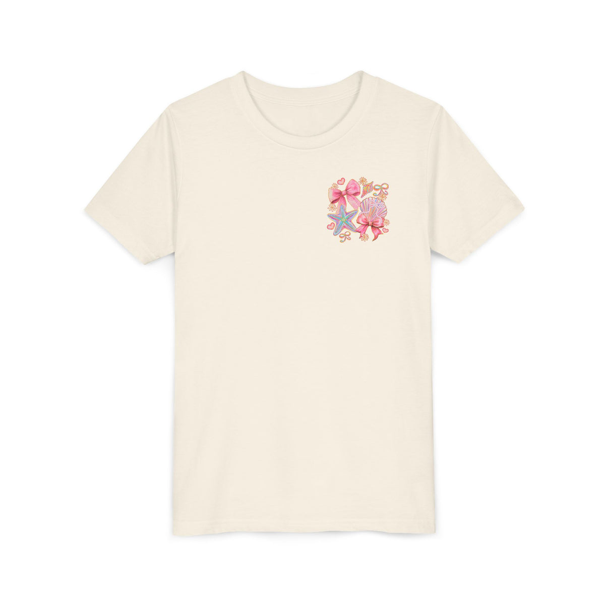 Kids Tee — Pink Seashell & Starfish Bow Graphic Shirt - Front and Back