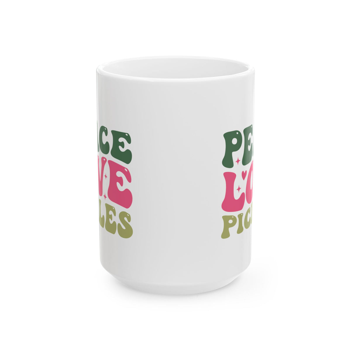 Peace, Love & Pickles Ceramic Mug (11oz/15oz) — Retro Peaceful Kitchen Gift