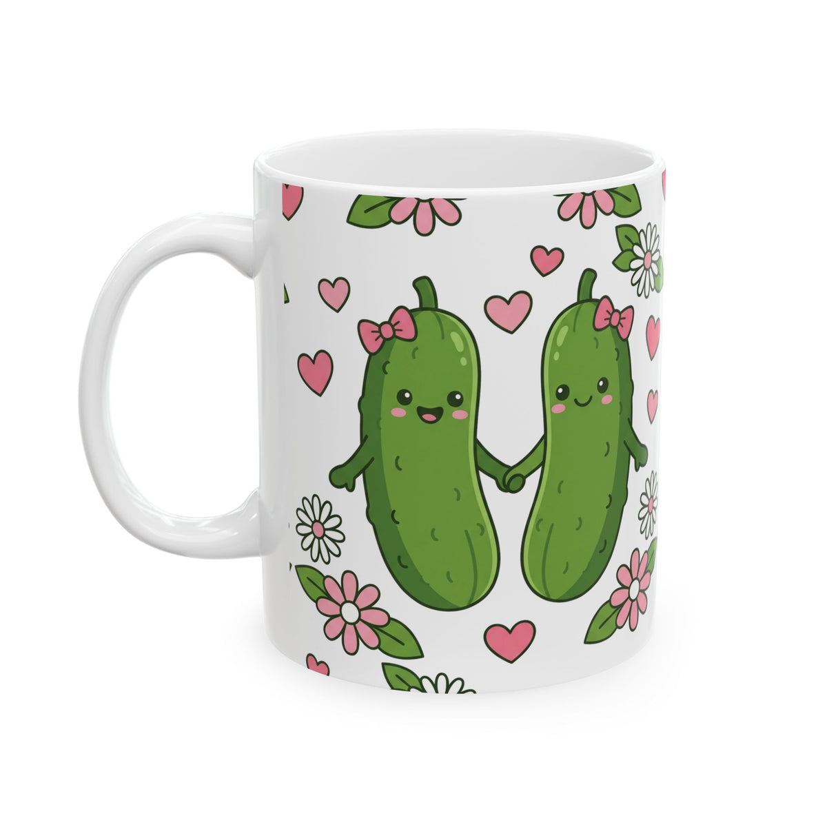 Cute Pickle Couple Mug — Kawaii Pickles with Hearts & Flowers (11oz/15oz)
