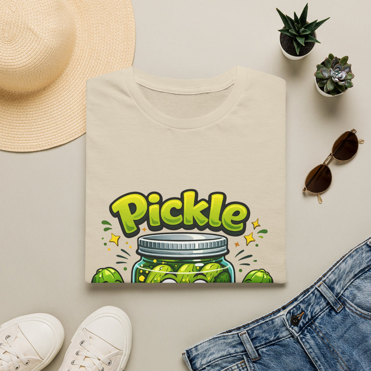 MD - Pickle Time T-Shirt — Cute Cartoon Pickle Jar Graphic Tee