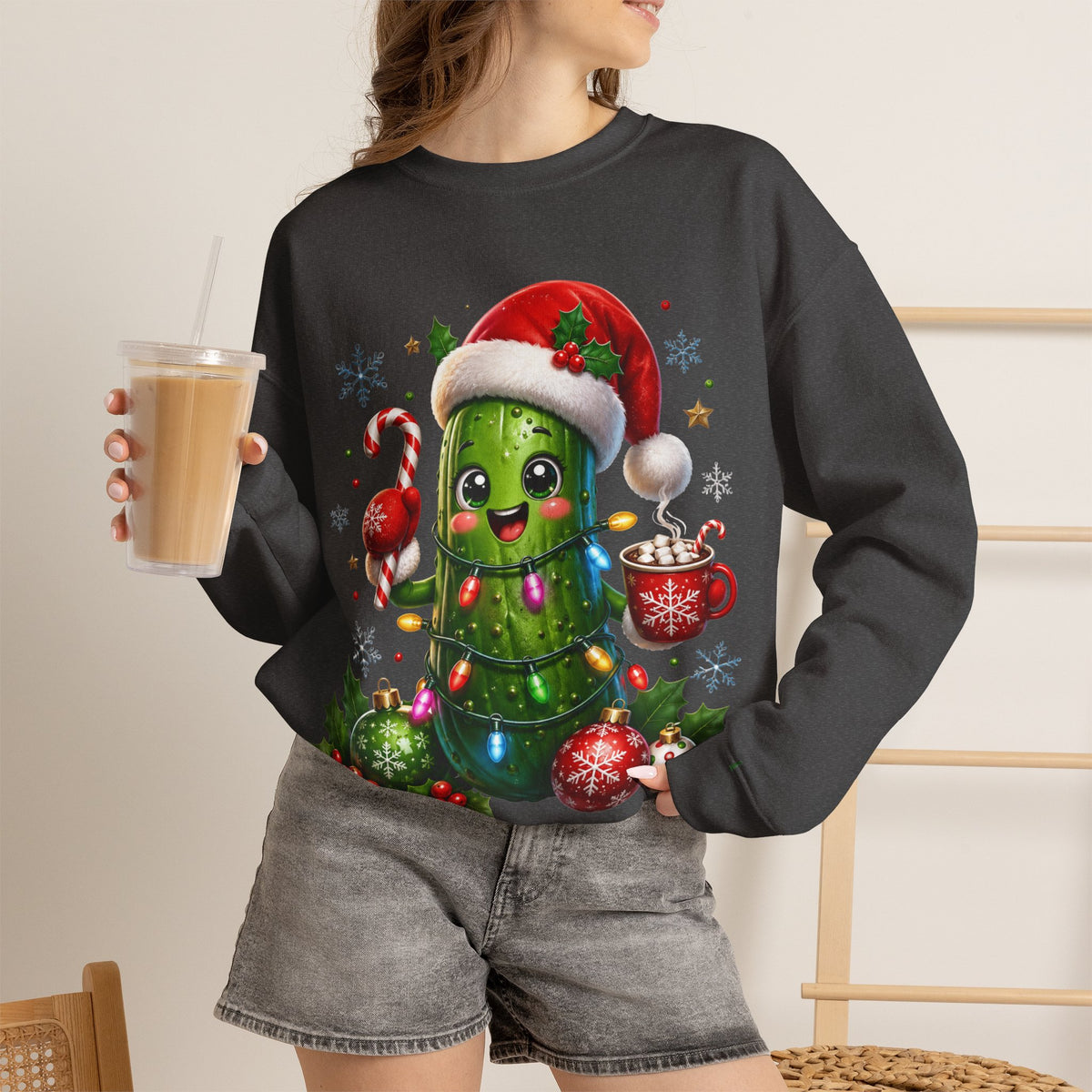 MD - Christmas Pickle Sweatshirt – Cute Holiday Pickle in Santa Hat with Candy Cane & Hot Cocoa