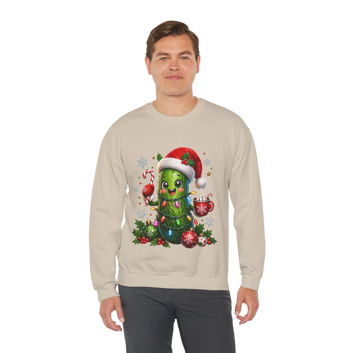 Christmas Pickle Sweatshirt – Cute Santa Hat Pickle with Candy Cane & Hot Cocoa