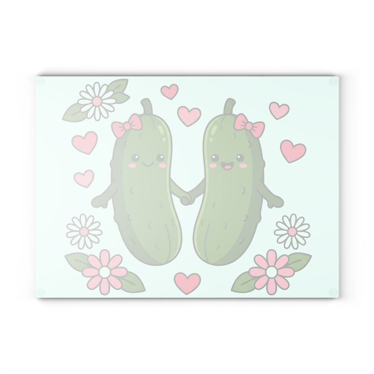 Cute Pickle Couple Glass Cutting Board – Kawaii Pickles with Hearts & Flowers