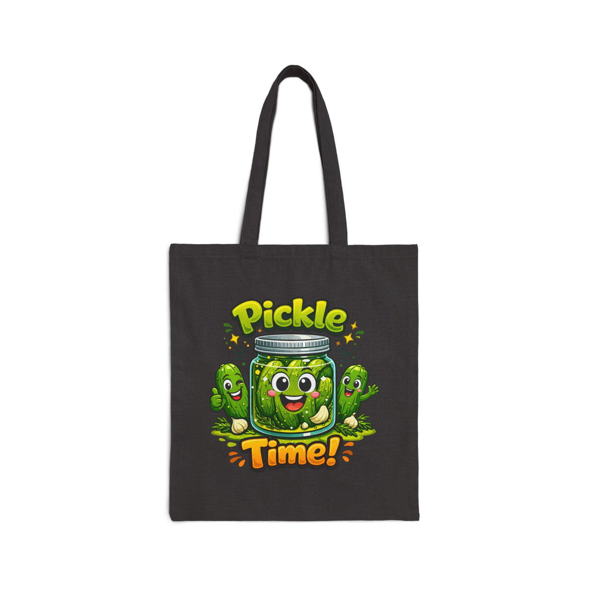 Tote Bag — Cute 'Pickle Time!' Cartoon Jar Canvas Tote (Funny Food Lover Gift)
