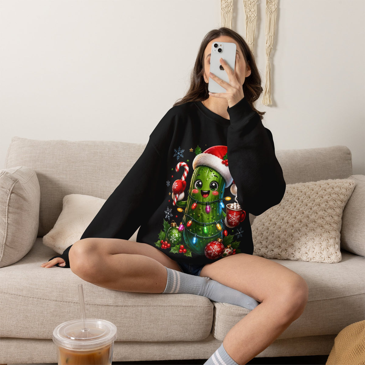 MD - Christmas Pickle Sweatshirt – Cute Holiday Pickle in Santa Hat with Candy Cane & Hot Cocoa