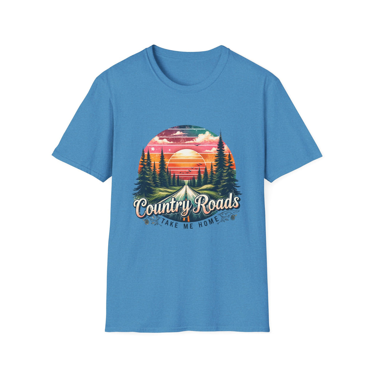 Country Roads Sunset T-Shirt — 'Country Roads Take Me Home' Retro Nature Tee