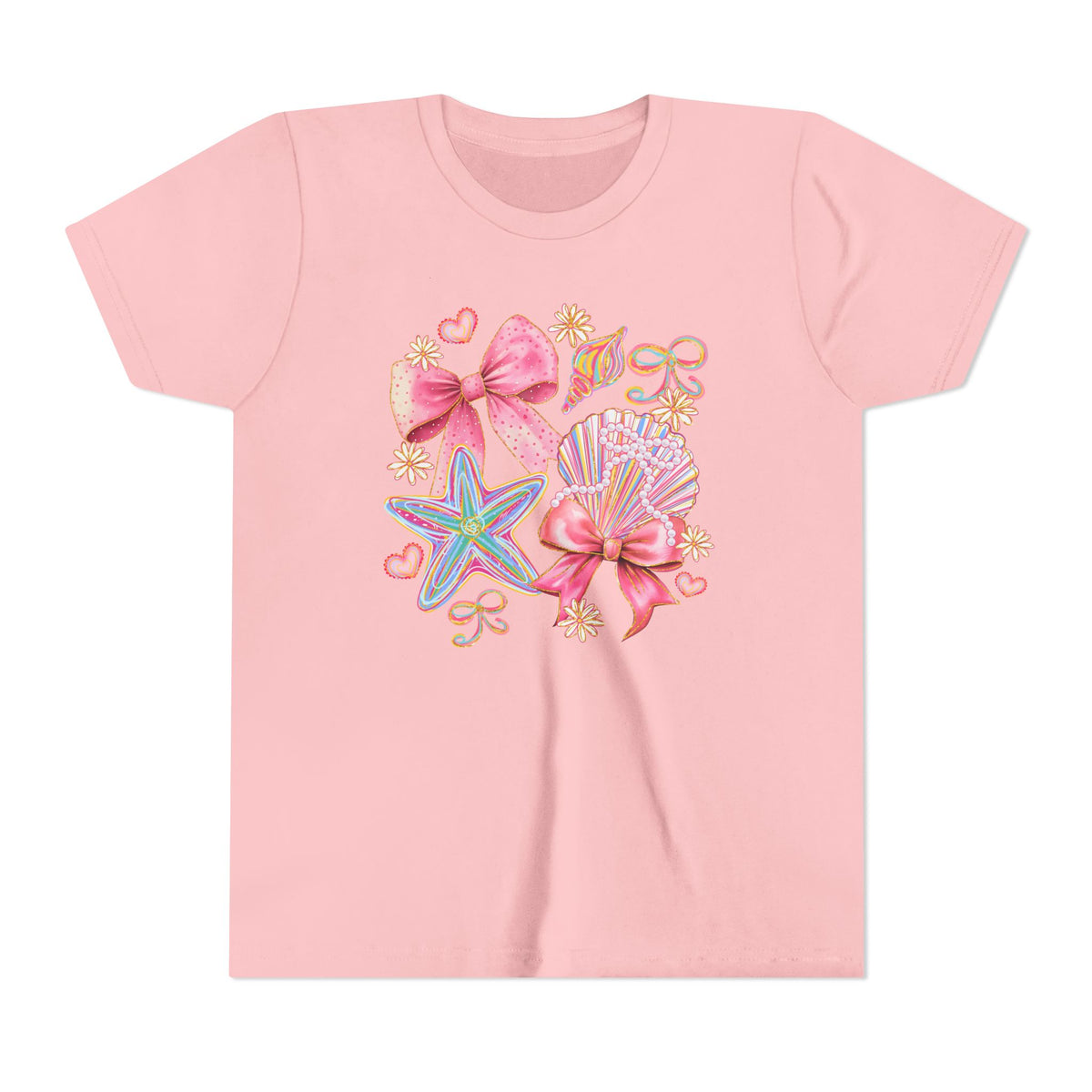 Kids Tee — Pink Seashells & Bows Beach Graphic