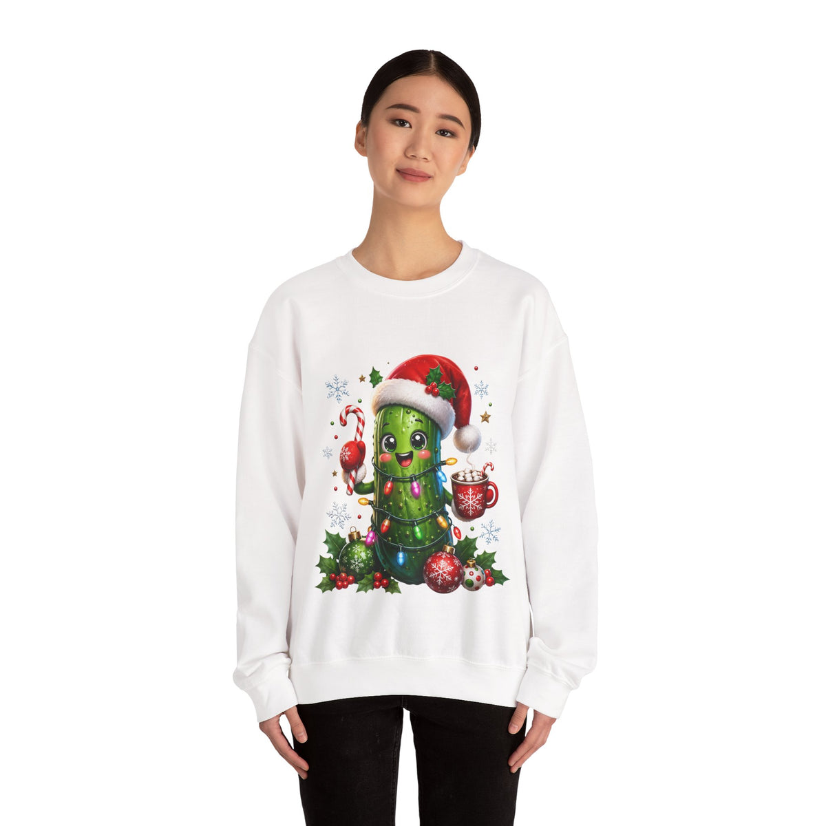 Christmas Pickle Sweatshirt – Cute Santa Hat Pickle with Candy Cane & Hot Cocoa