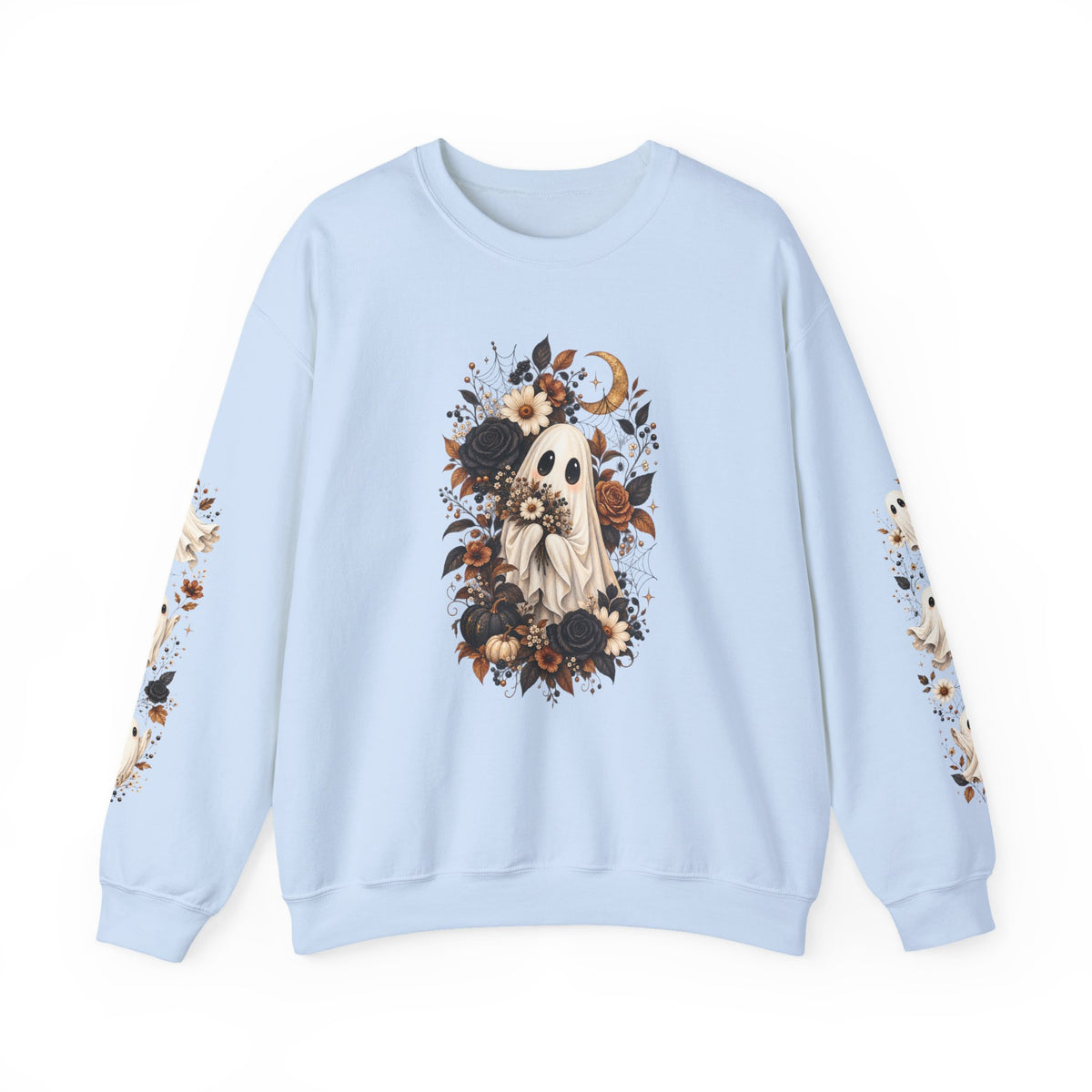 Ghost & Sunflower Crewneck Sweatshirt — Spooky Autumn Floral Pullover