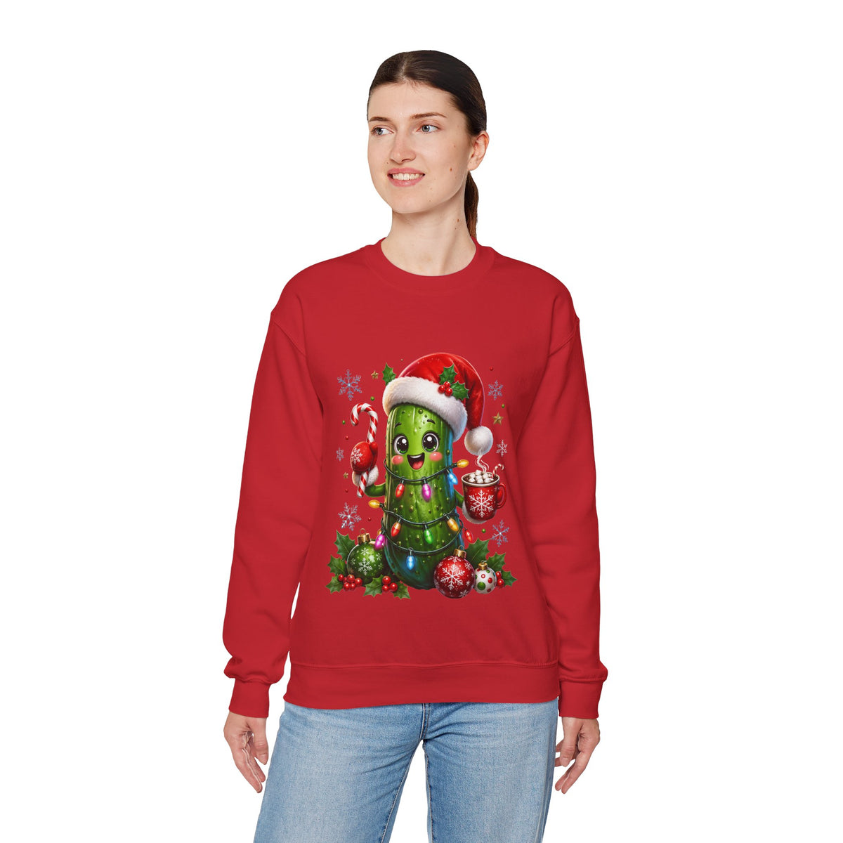 Christmas Pickle Sweatshirt – Cute Santa Hat Pickle with Candy Cane & Hot Cocoa