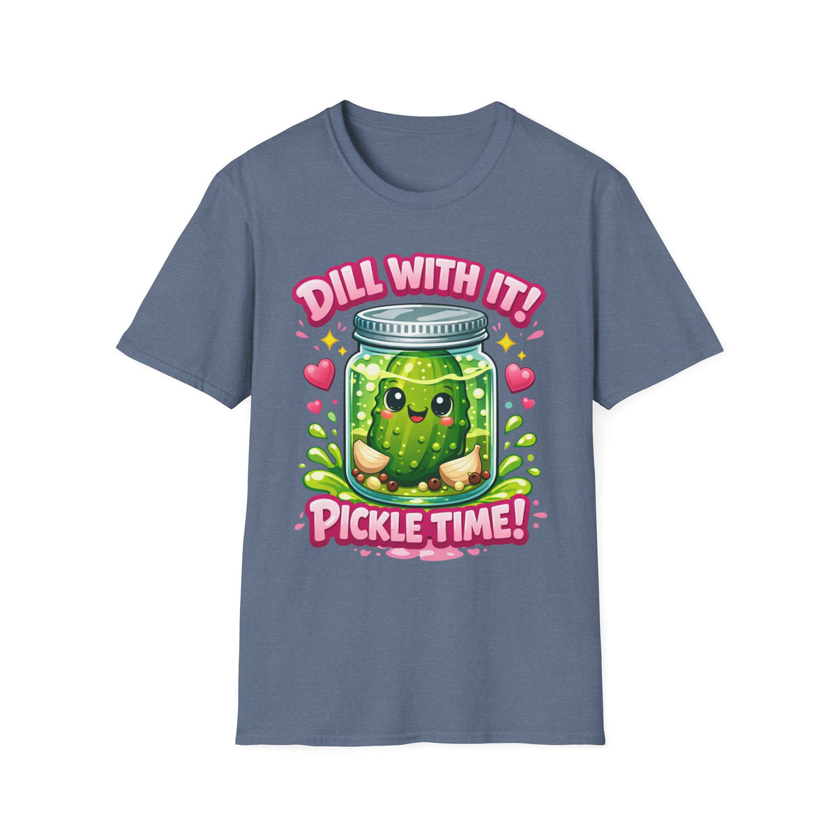 T-Shirt — Cute Kawaii Pickle Jar Design "Dill With It! Pickle Time!" | Funny Foodie Tee
